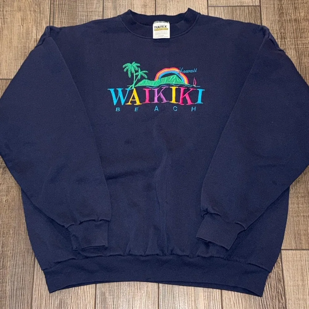 Vintage Tultex Waikiki Beach Hawaii Sweatshirt Navy Blue Embroidered 90s Large